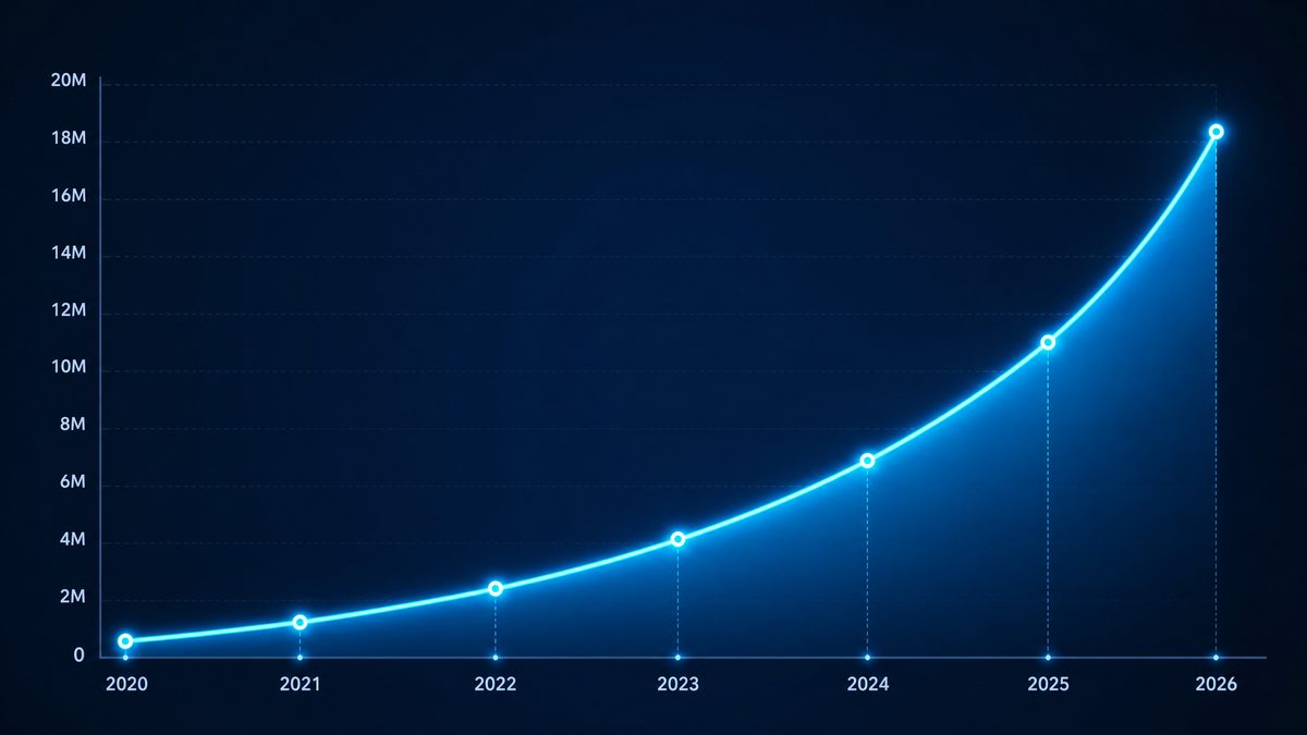 ９１网用户增长数据图表,展示2020-2026年注册用户从50万增长至1800万的趋势